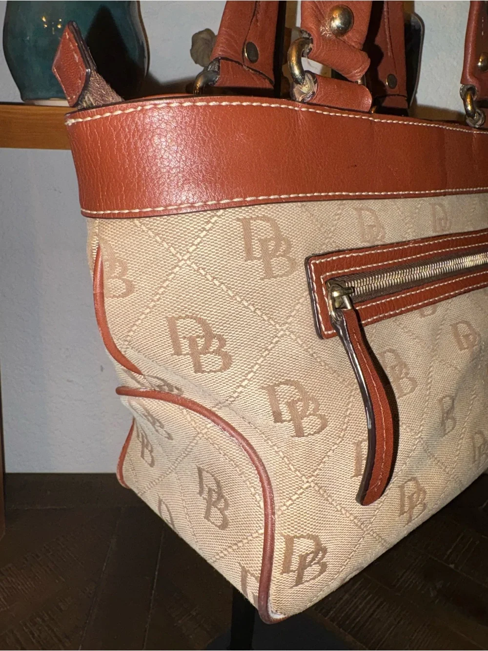 Dooney & Bourke Signature DB Monogram Satchel | British Tan | Zip Top